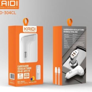 Carregador Veicular USB-C Kaidi KD-304 Turbo 38W Carregamento Rápido 3 Saidas